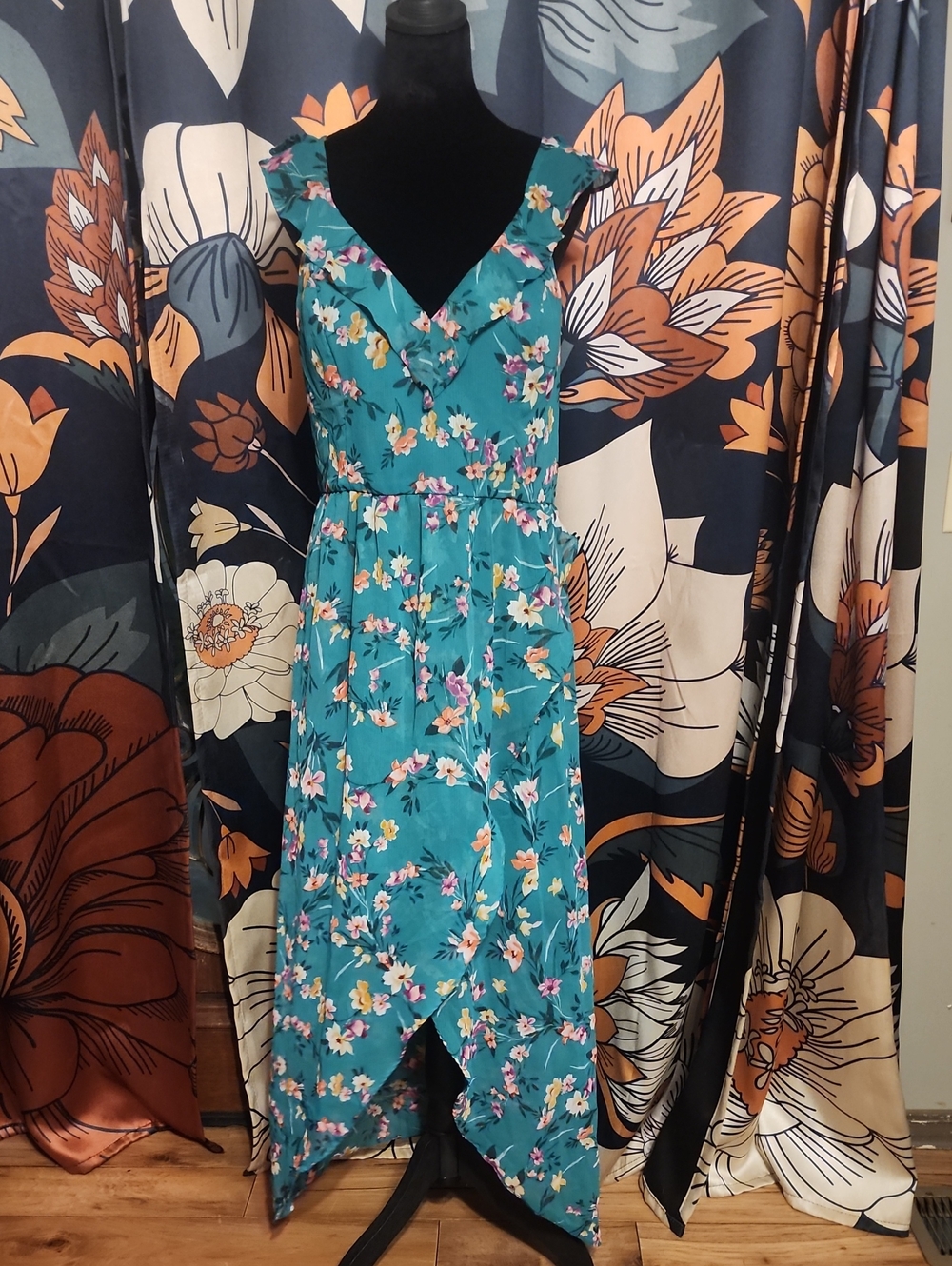 Guess Teal Floral Asymmetrical Wrap Dress